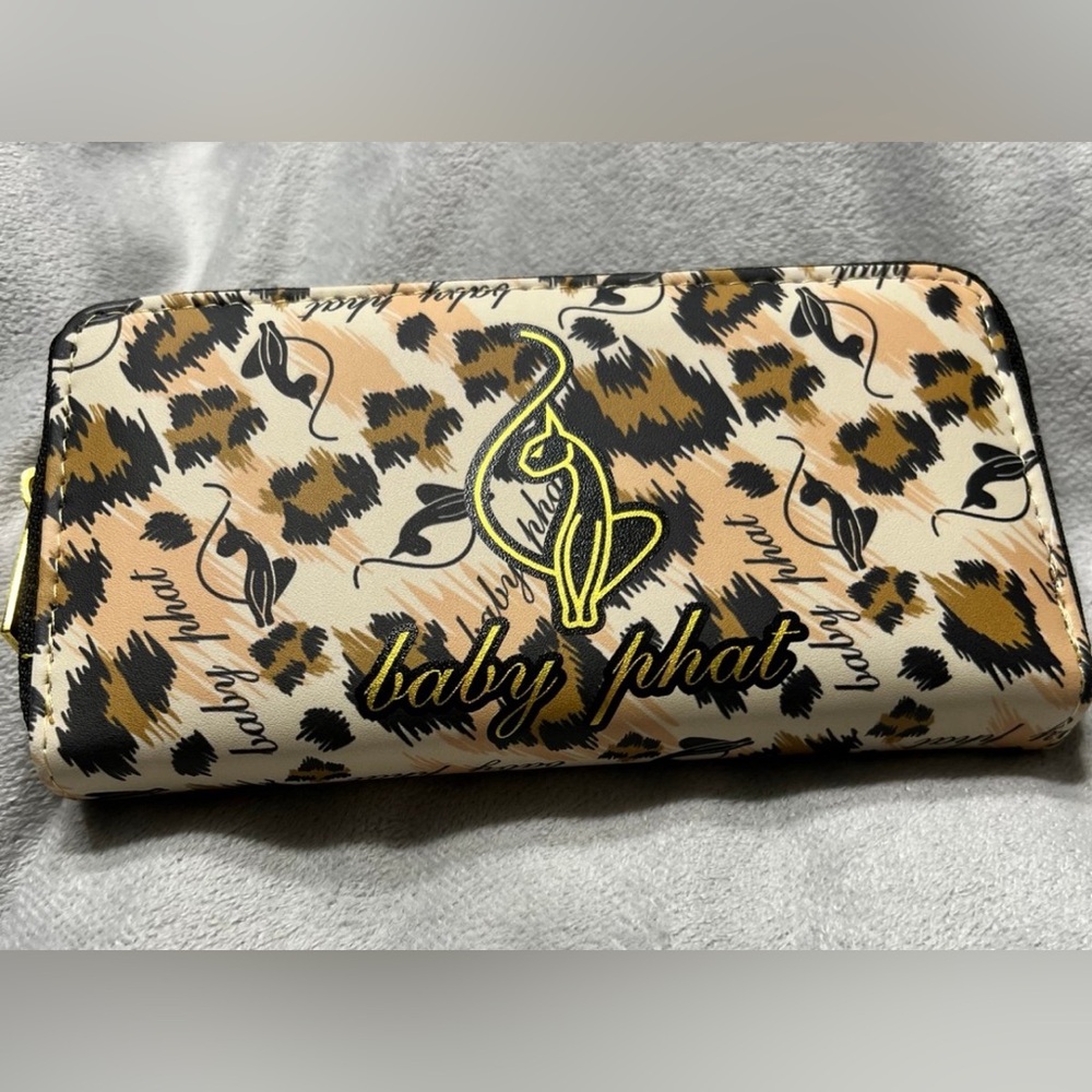 BABY PHAT FULL-ZIP LEOPARD PRINT GOLD SHINE LOGO WALLET NWT